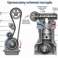 Uproszczony schemat rozrządu: wał korbowy napędza pasek, który z kolei napędza wałek rozrządu sterujący zaworami. Regularna wymiana rozrządu jest kluczowa.
