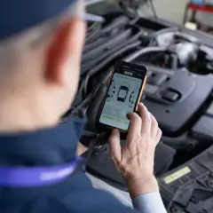Mechanik sprawdza kody błędów DTC Renault na telefonie, analizując raport z pomiarów lakieru i szczelin.
