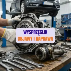 Mechanik trzyma sprzęgło, obok leżą narzędzia. Na tablicy widnieje napis "Wysprzęglik objawy i naprawa".
