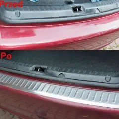 Przed i po: jak usunąć otarcie zderzaka. Górne zdjęcie pokazuje porysowany zderzak, dolne zdjęcie prezentuje zderzak z nakładką ochronną.