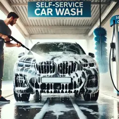 Mężczyzna myje auto na myjni samoobsługowej. Czy myjnia automatyczna niszczy lakier? Tutaj widać, że mycie ręczne jest możliwe.