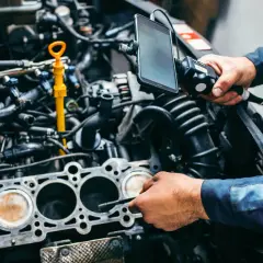 Mechanik sprawdza silnik, czy uszkodzona uszczelka pod głowicą pozwala na jazdę.