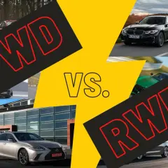 Porównanie napędu FWD i RWD. Widoczne BMW serii 3 Touring i zielony samochód sportowy.