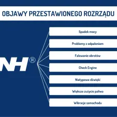 Objawy przestawionego rozrządu: spadek mocy, problemy z odpaleniem, falowanie obrotów, Check Engine, nietypowe dźwięki, większe zużycie paliwa, wibracje samochodu.