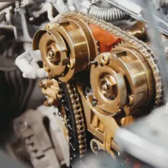 Zbliżenie na mechanizm silnika, gdzie trwa wymiana łańcucha rozrządu. Widoczne koła zębate i metalowy łańcuch pokryte olejem.