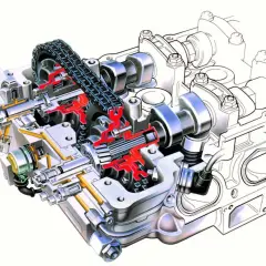 Przekrój silnika z widocznym łańcuchem rozrządu i mechanizmem zmienna faza rozrządu.