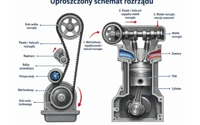 Schemat silnika: wał korbowy napędza pasek rozrządu, który z kolei napędza wałek rozrządu. Wałek rozrządu steruje zaworami silnika samochodu.