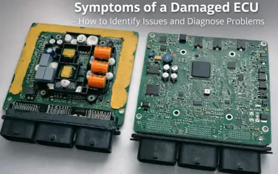 Dwa moduły ECU, jeden z widocznymi uszkodzeniami, pokazują, co to jest ECU i jak rozpoznać problemy.