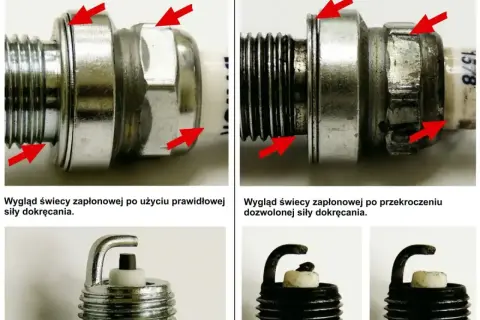 Uszkodzona świeca zapłonowa po przekręceniu: objawy to zdeformowana podstawa i uszkodzone elektrody. Prawidłowo dokręcona świeca wygląda inaczej.