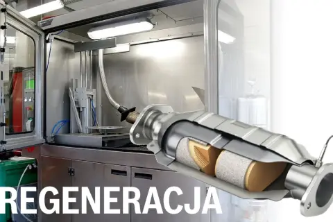 Regeneracja filtra cząstek stałych w specjalistycznej komorze. Widoczny przekrój elementu.