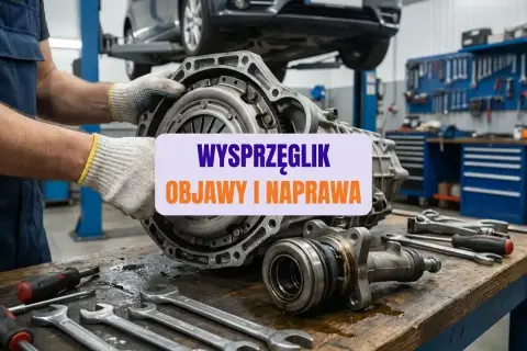 Mechanik trzyma sprzęgło, obok leżą narzędzia. Na tablicy widnieje napis "Wysprzęglik objawy i naprawa".