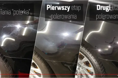 Korekta lakieru: przed polerowaniem tanim sprzętem, pierwszy etap polerowania, drugi etap polerowania. Efekt wow!