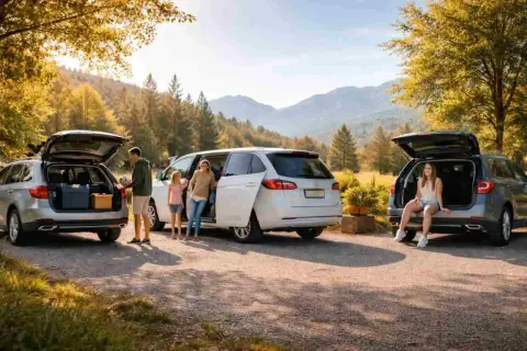 Rodzina pakuje bagaże do kombi i hatchbacka na wycieczkę.