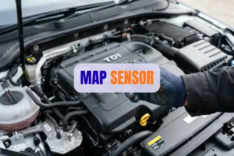 Ręka w rękawicy pokazuje, gdzie jest MAP SENSOR w silniku TDI.