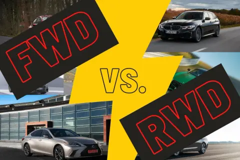 Porównanie napędu FWD i RWD. Widoczne BMW serii 3 Touring i zielony samochód sportowy.