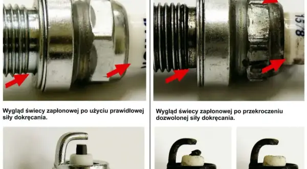 Uszkodzona świeca zapłonowa po przekręceniu: objawy to zdeformowana podstawa i uszkodzone elektrody. Prawidłowo dokręcona świeca wygląda inaczej.