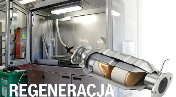 Regeneracja filtra cząstek stałych w specjalistycznej komorze. Widoczny przekrój elementu.