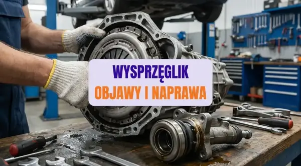 Mechanik trzyma sprzęgło, obok leżą narzędzia. Na tablicy widnieje napis "Wysprzęglik objawy i naprawa".