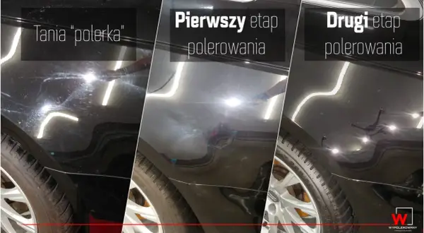 Korekta lakieru: przed polerowaniem tanim sprzętem, pierwszy etap polerowania, drugi etap polerowania. Efekt wow!