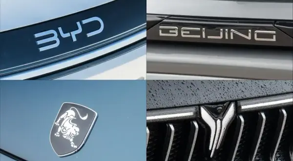 Logo BYD, BEIJING, chińskie marki aut z lwem i logo z ptakiem.