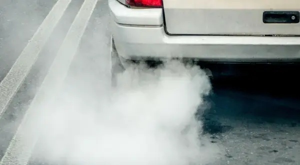 Gęsty, biały dym z wydechu diesel otacza tył samochodu na drodze.