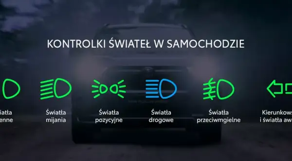 Ikony świateł w samochodzie: dzienne, mijania, pozycyjne, drogowe, przeciwmgielne, kierunkowskazy i awaryjne.