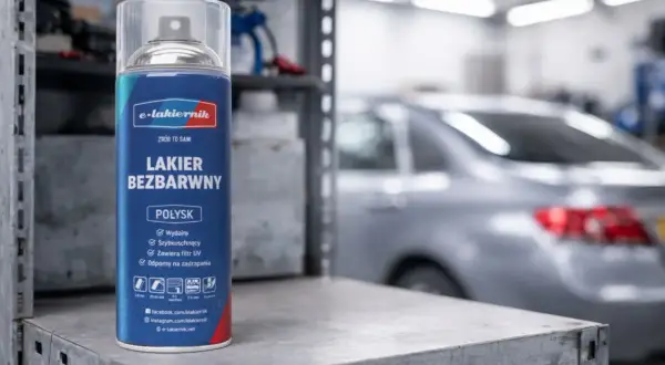 Jaki podkład pod lakier samochodowy? Bezbarwny lakier w sprayu e-lakiernik, połysk, wydajny, szybkoschnący, odporny na zadrapania.