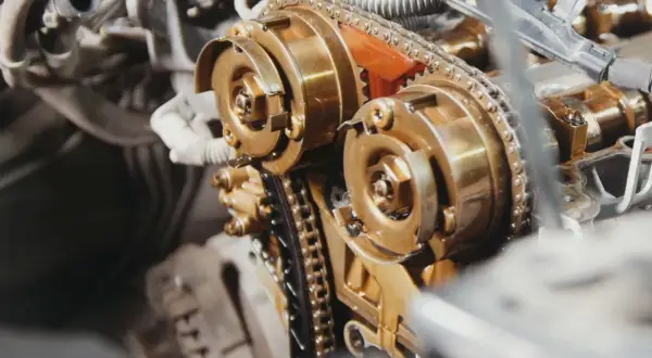 Zbliżenie na mechanizm silnika, gdzie trwa wymiana łańcucha rozrządu. Widoczne koła zębate i metalowy łańcuch pokryte olejem.