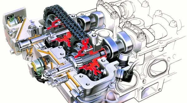 Przekrój silnika z widocznym łańcuchem rozrządu i mechanizmem zmienna faza rozrządu.