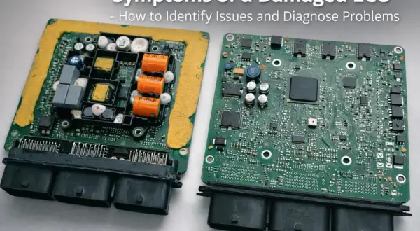 Dwa moduły ECU, jeden z widocznymi uszkodzeniami, pokazują, co to jest ECU i jak rozpoznać problemy.