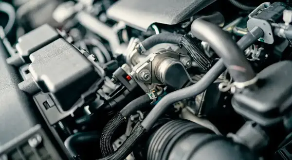 Zimny silnik diesla, widać falujące obroty. Skomplikowana budowa, przewody i elementy mechaniczne.