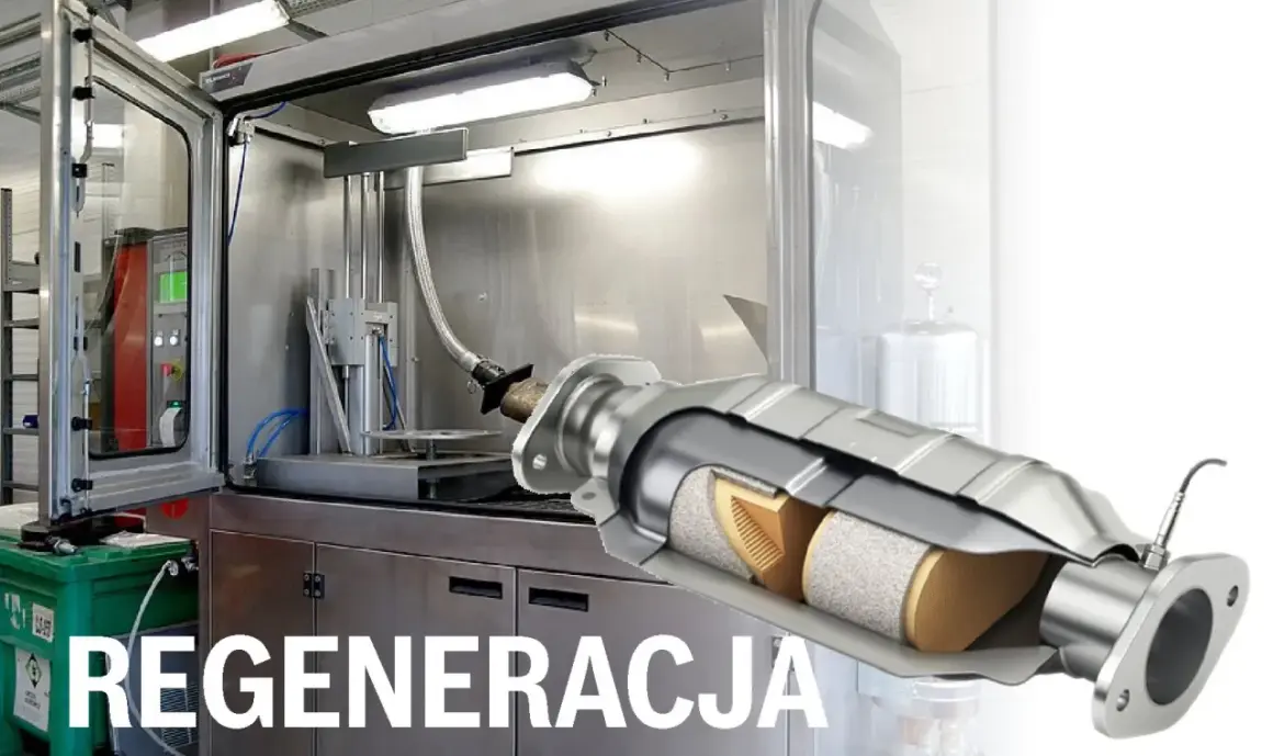 Regeneracja filtra cząstek stałych w specjalistycznej komorze. Widoczny przekrój elementu.