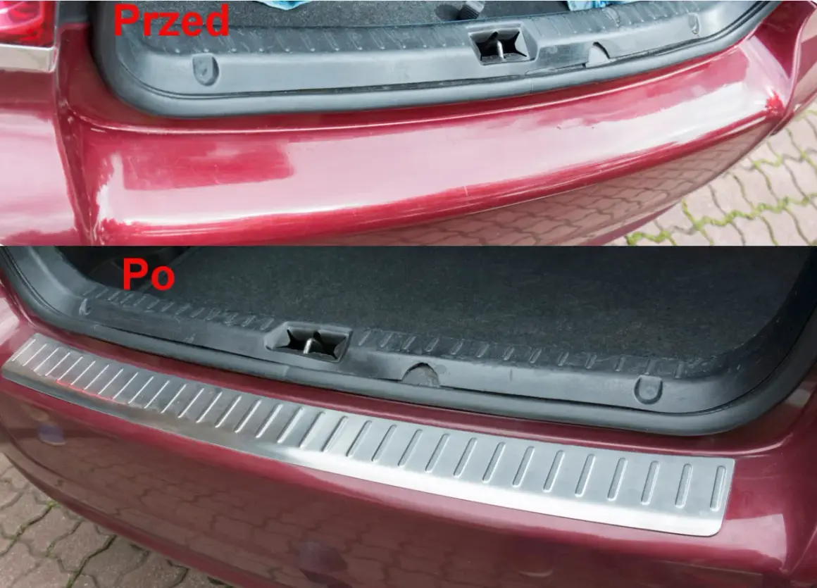 Przed i po: jak usunąć otarcie zderzaka. Górne zdjęcie pokazuje porysowany zderzak, dolne zdjęcie prezentuje zderzak z nakładką ochronną.