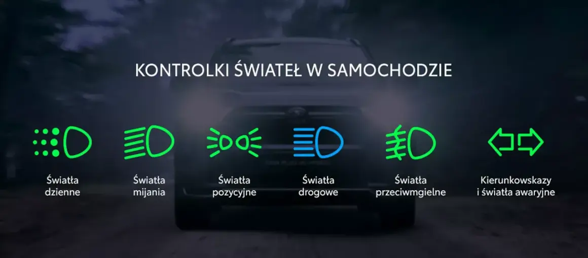 Ikony świateł w samochodzie: dzienne, mijania, pozycyjne, drogowe, przeciwmgielne, kierunkowskazy i awaryjne.