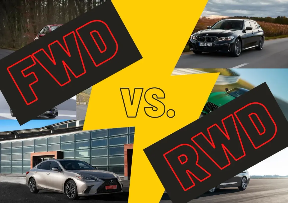 Porównanie napędu FWD i RWD. Widoczne BMW serii 3 Touring i zielony samochód sportowy.
