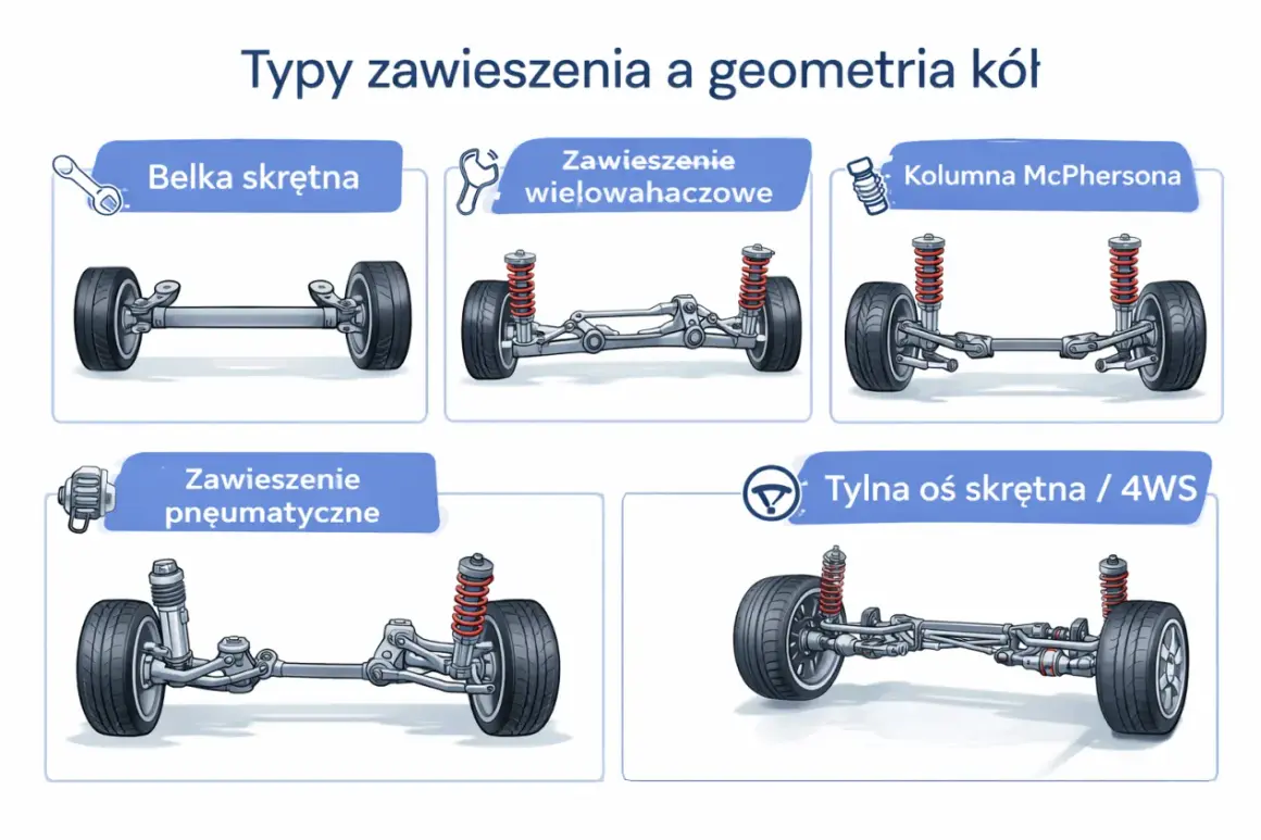 Ilustracja przedstawia różne typy zawieszenia samochodowego, w tym belkę skrętną, zawieszenie wielowahaczowe, kolumnę McPhersona, zawieszenie pneumatyczne i tylną oś skrętną. To pomocna tabelą zbieżności kół.