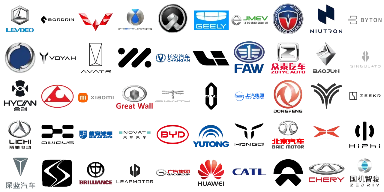 Kolekcja logotypów chińskich marek aut: BYD, Geely, Chery, Great Wall, Xiaomi, Dongfeng, FAW, BAIC Motor, Leapmotor, Yutong, Hongqi, CATL, Huawei, Zeekr.