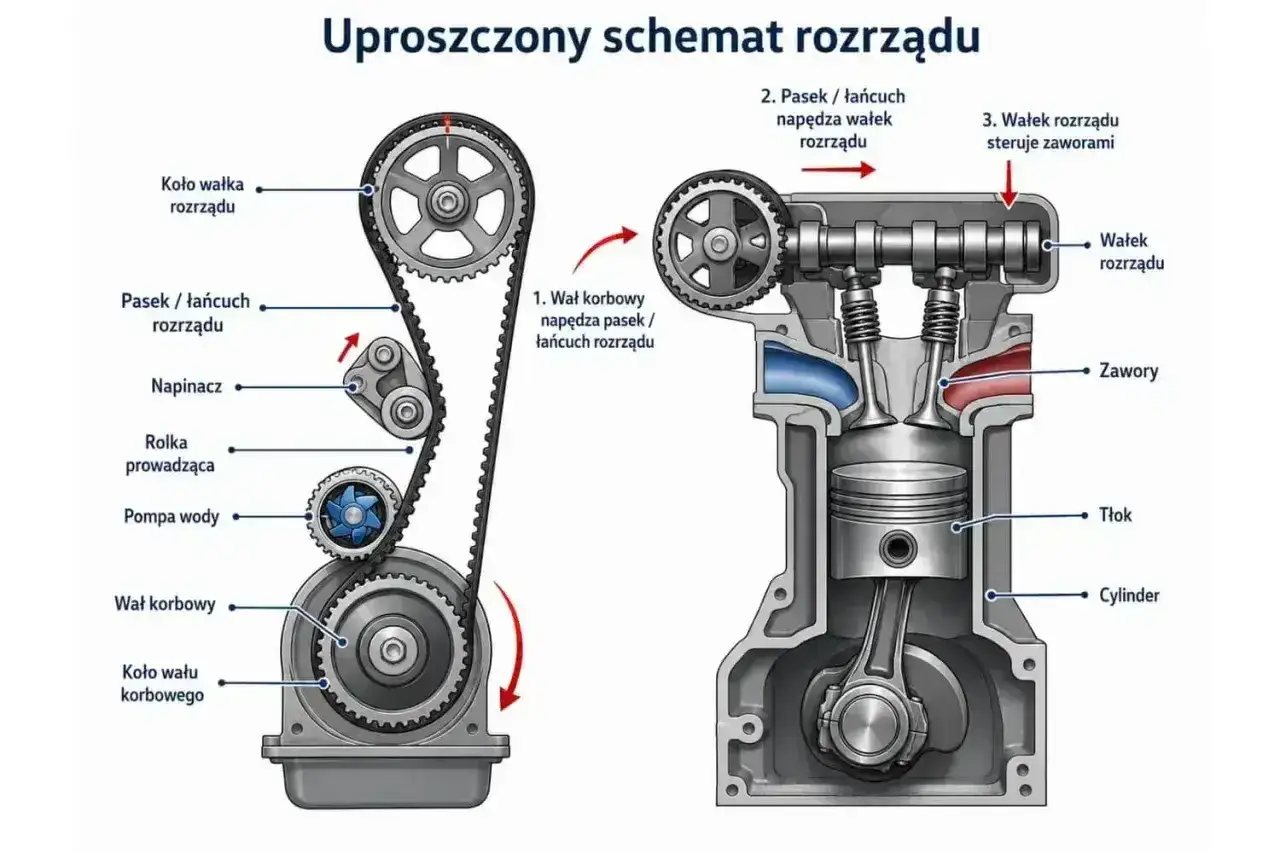 Schemat silnika: wał korbowy napędza pasek rozrządu, który z kolei napędza wałek rozrządu. Wałek rozrządu steruje zaworami silnika samochodu.