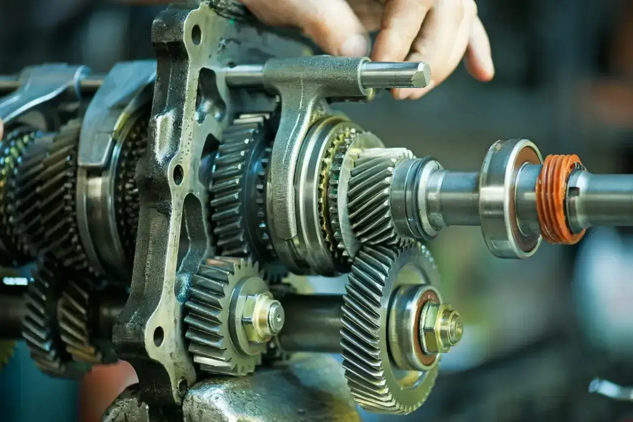 Mechanik reguluje skrzynię biegów, gdzie ciężko wchodzą biegi. Widoczne koła zębate i wałki.