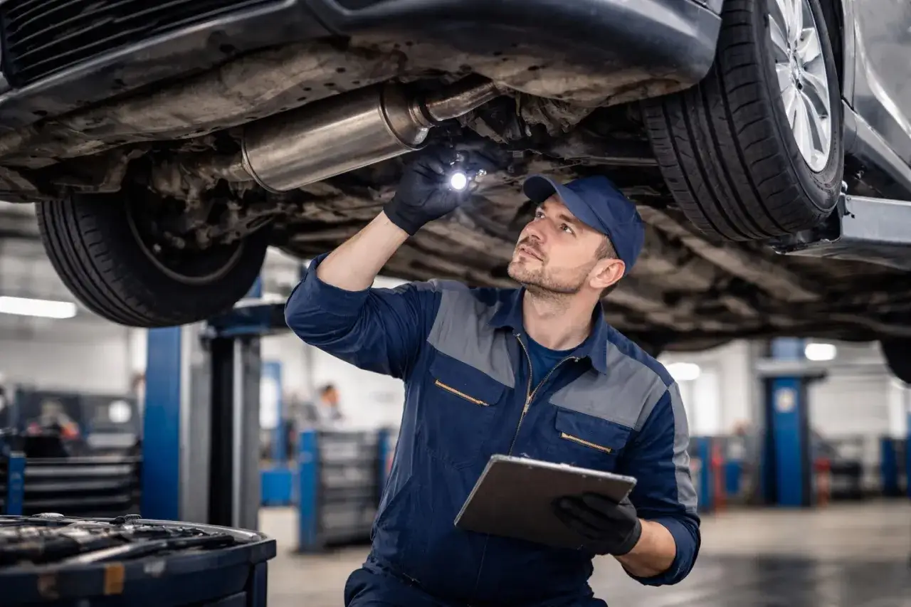 Mechanik sprawdza podwozie auta, szukając luzów na kierownicy i innych usterek.