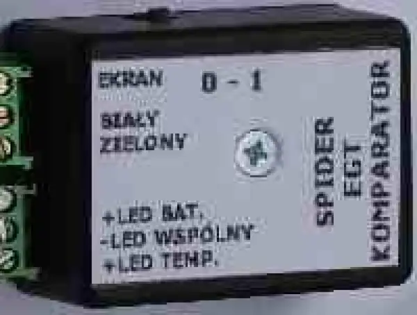 SPIDER EGT KOMPARATOR, urządzenie z oznaczeniami "EKRAN 0-1", "BIAŁY", "ZIELONY", "+LED BAT", "-LED WSPÓLNY", "+LED TEMP.".