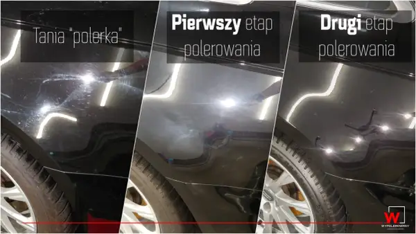 Korekta lakieru: przed polerowaniem tanim sprzętem, pierwszy etap polerowania, drugi etap polerowania. Efekt wow!