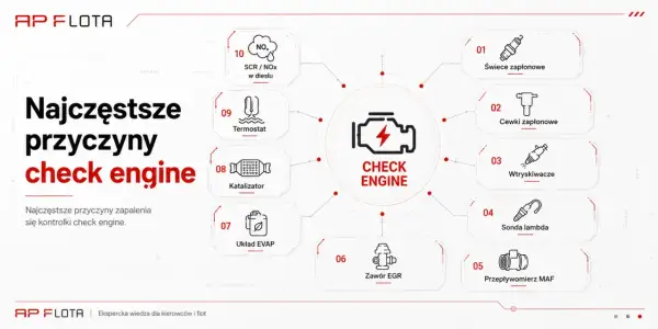 Najczęstsze przyczyny zapalenia się kontrolki check engine w BMW: świece, cewki, wtryskiwacze, sonda lambda, przepływomierz MAF, zawór EGR, układ EVAP, katalizator, termostat, SCR/NOx.
