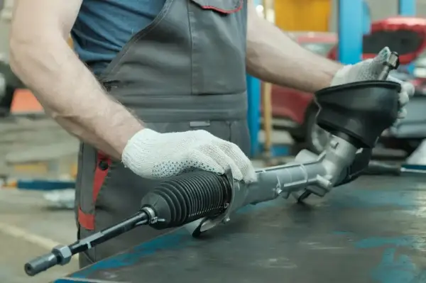 Mechanik w białych rękawiczkach sprawdza maglownicę, szukając luzu.