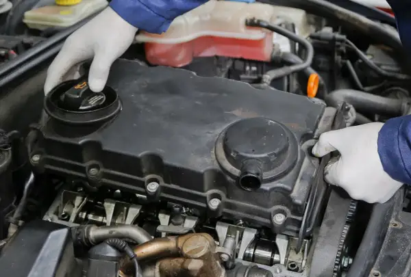 Mechanik sprawdza silnik 2.0 TDI, szukając objawów uszkodzonej odmy.