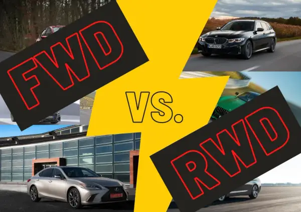 Porównanie napędu FWD i RWD. Widoczne BMW serii 3 Touring i zielony samochód sportowy.