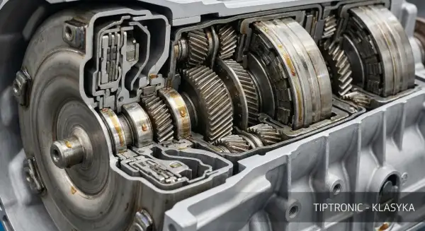 Przekładnia automatyczna z widocznym konwerterem momentu obrotowego i zestawem kół zębatych. Klasyczna technologia, czy to tiptronic czy multitronic?