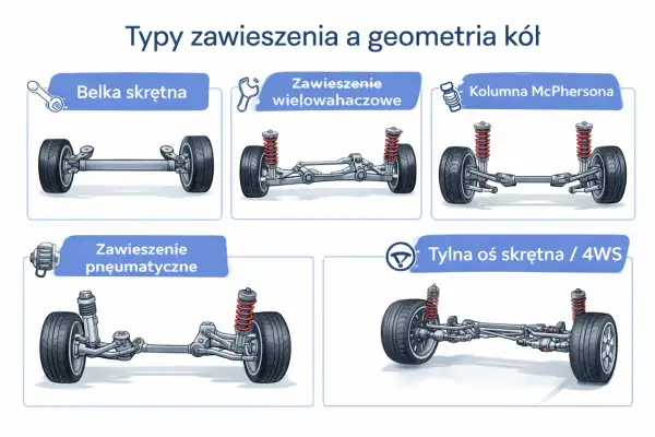 Ilustracja przedstawia różne typy zawieszenia samochodowego, w tym belkę skrętną, zawieszenie wielowahaczowe, kolumnę McPhersona, zawieszenie pneumatyczne i tylną oś skrętną. To pomocna tabelą zbieżności kół.