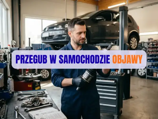 Mechanik w warsztacie samochodowym trzyma przegub napędowy.